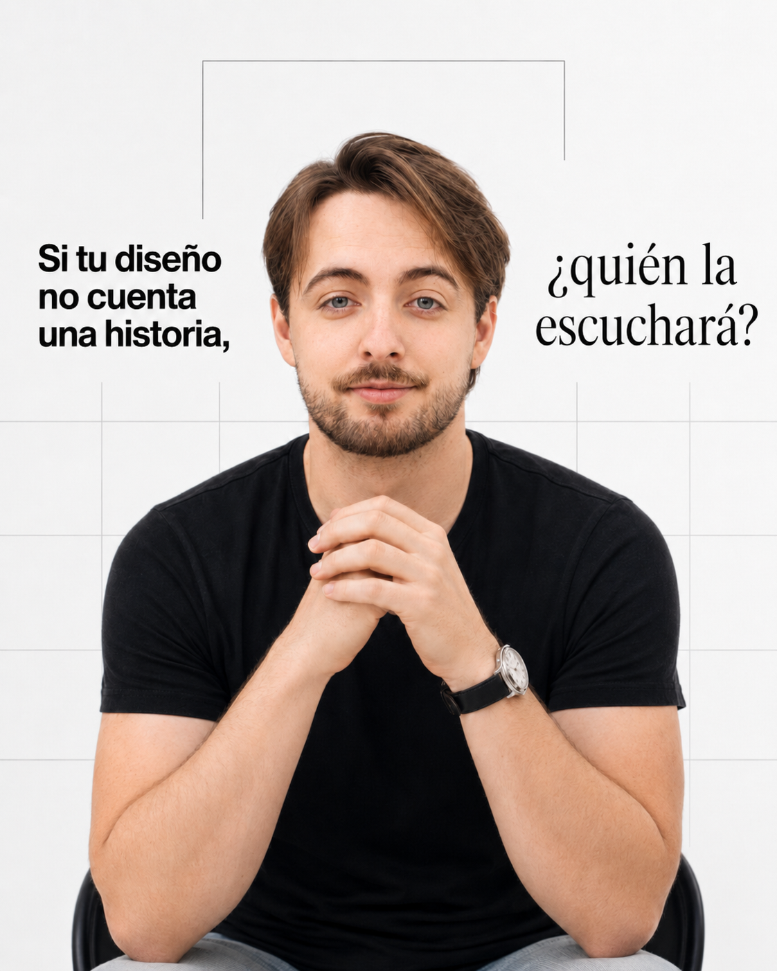Retrato de Eric con texto sobre diseño, historia y escucha
